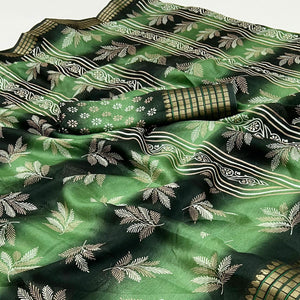 Green Floral Printed Georgette Saree Featuring Weaving Border Design