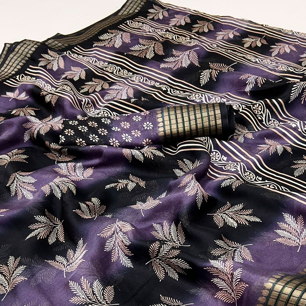 Purple Floral Printed Georgette Saree Featuring Weaving Border Design