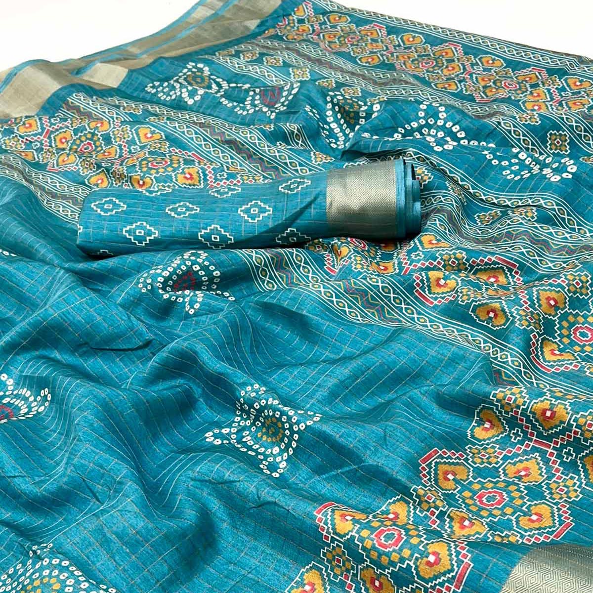 Teal Patola Patterned Featuring Weaving Work Dola Silken Drape