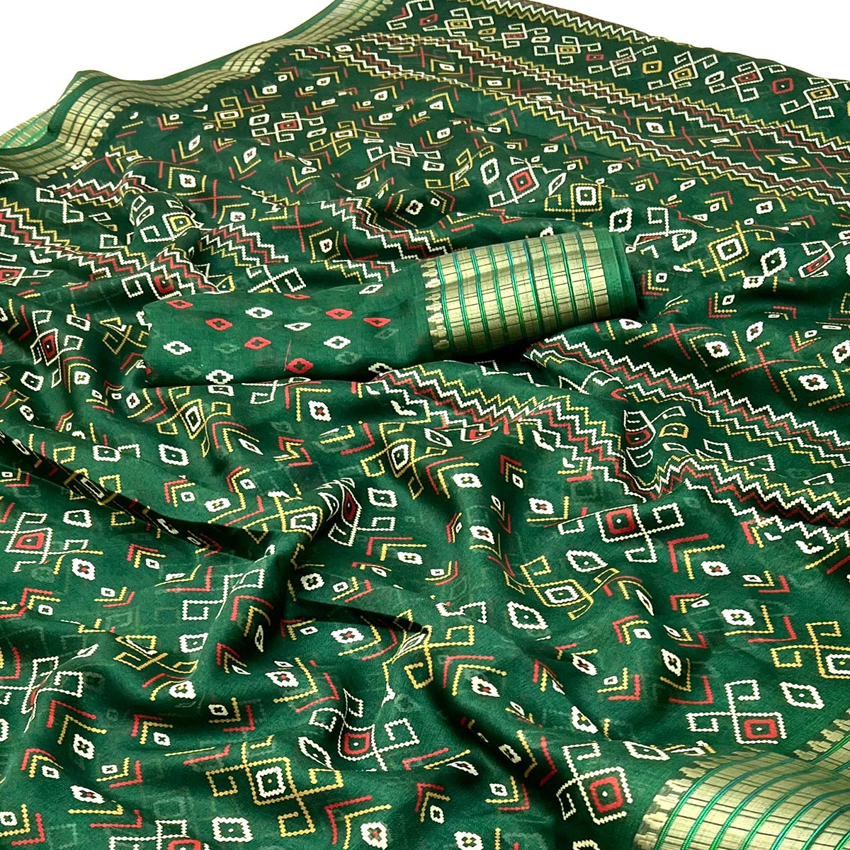 Green Geometric Patterned Georgette Drape Featuring Zari Border