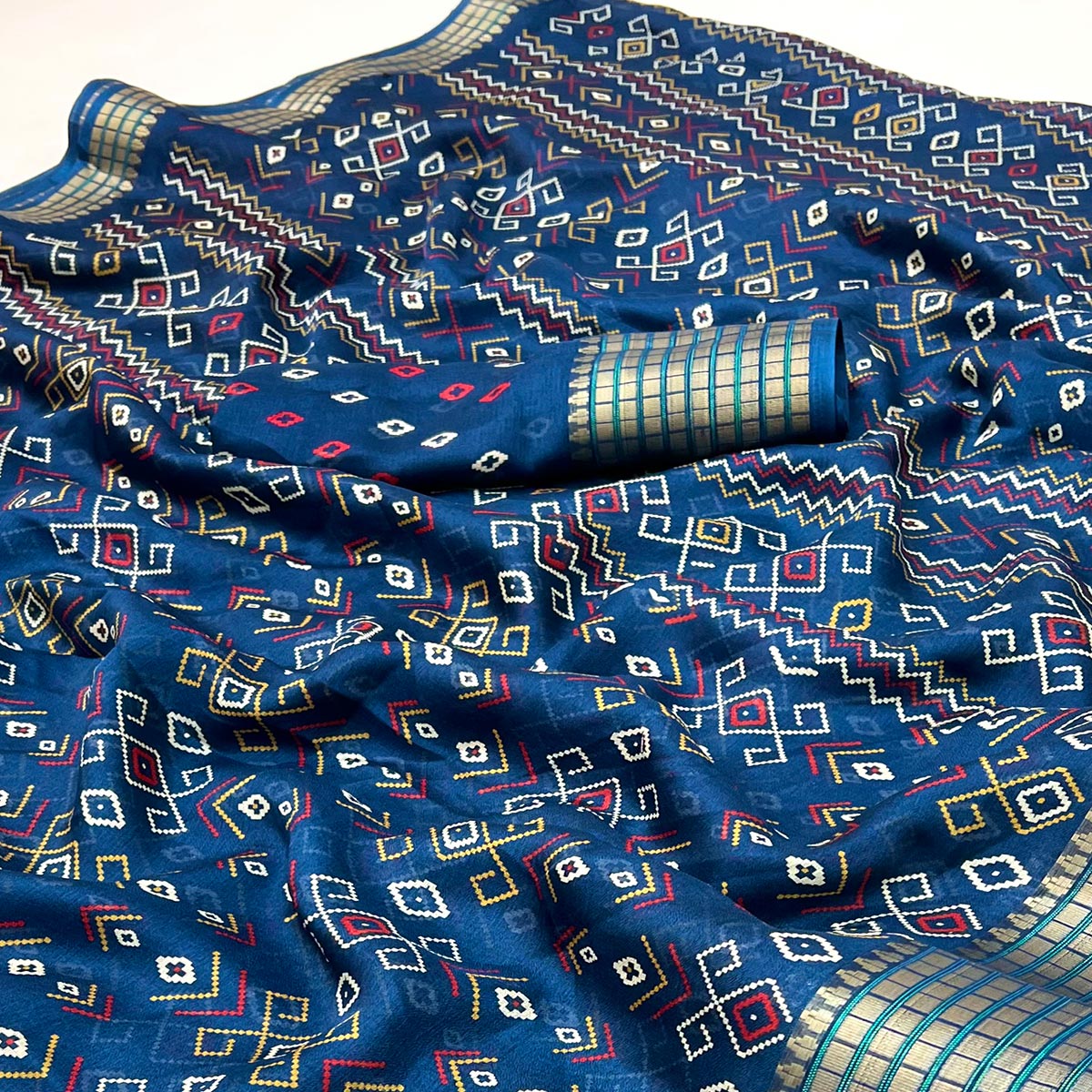Blue Geometric Patterned Georgette Drape Featuring Zari Border