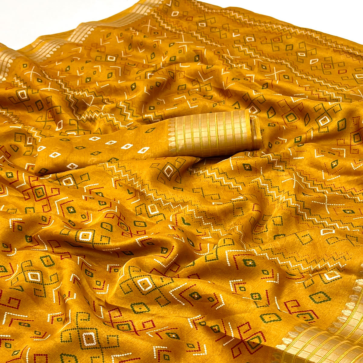 Mustard Geometric Patterned Georgette Drape Featuring Zari Border