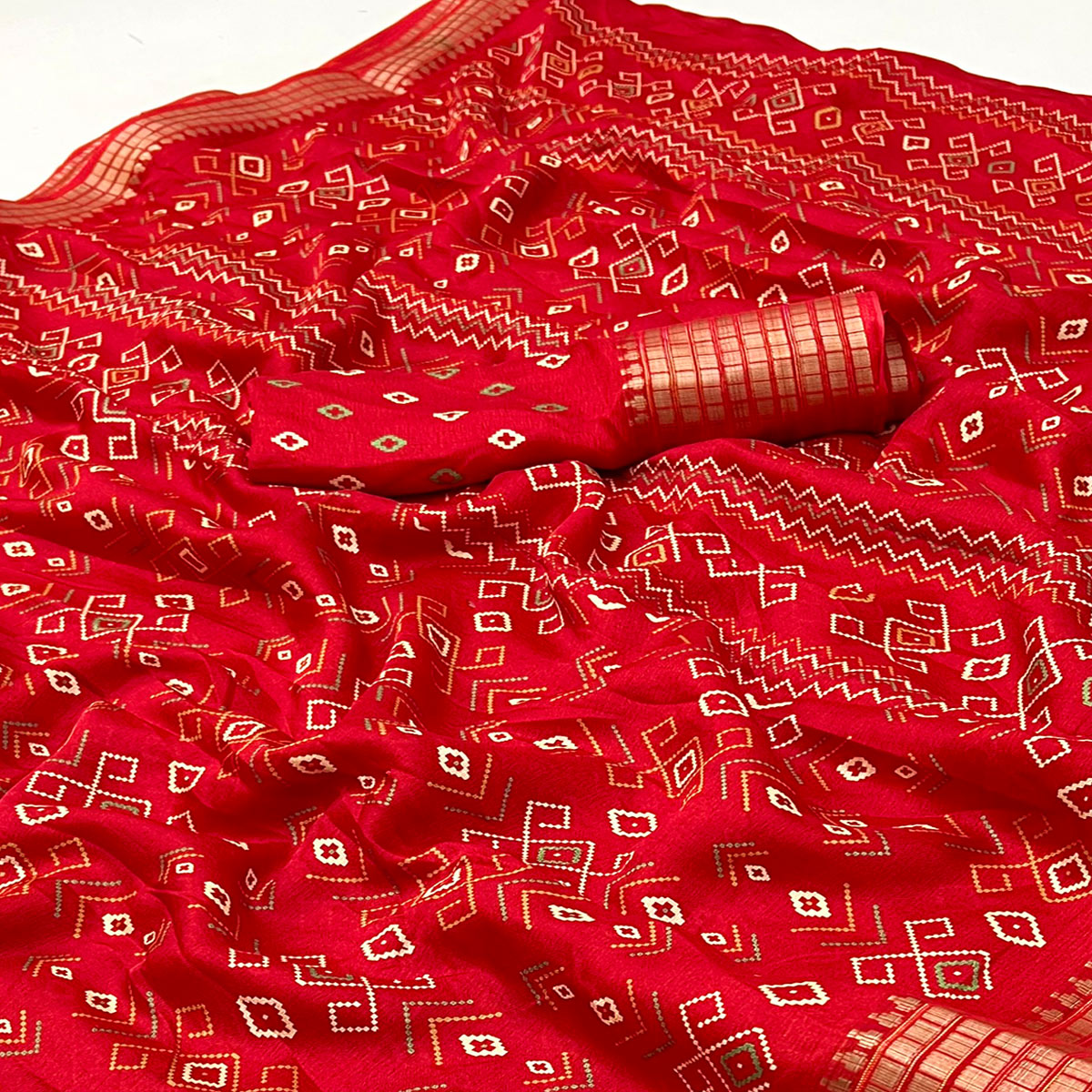 Red Geometric Patterned Georgette Drape Featuring Zari Border