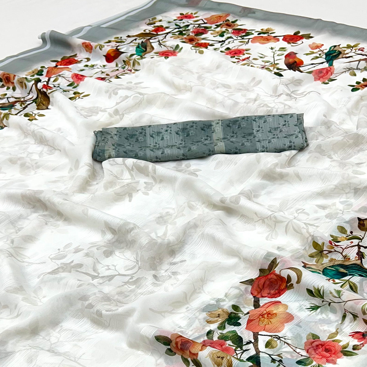 White Digital Floral Adorned with Artistic Prints Georgette Elegant Drape