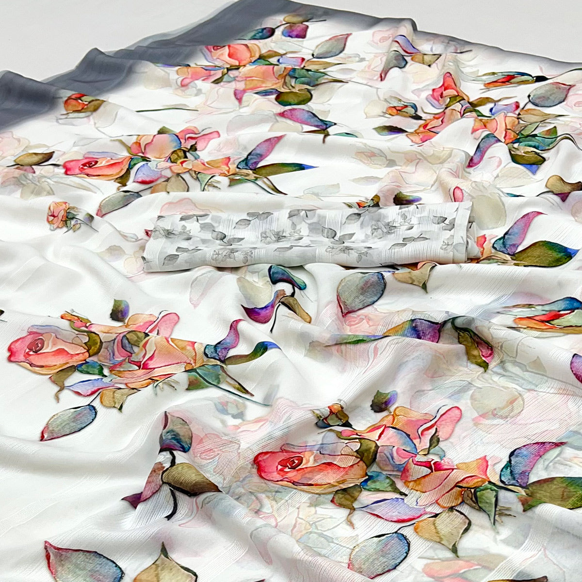 White Digital Floral Adorned with Artistic Prints Georgette Elegant Drape
