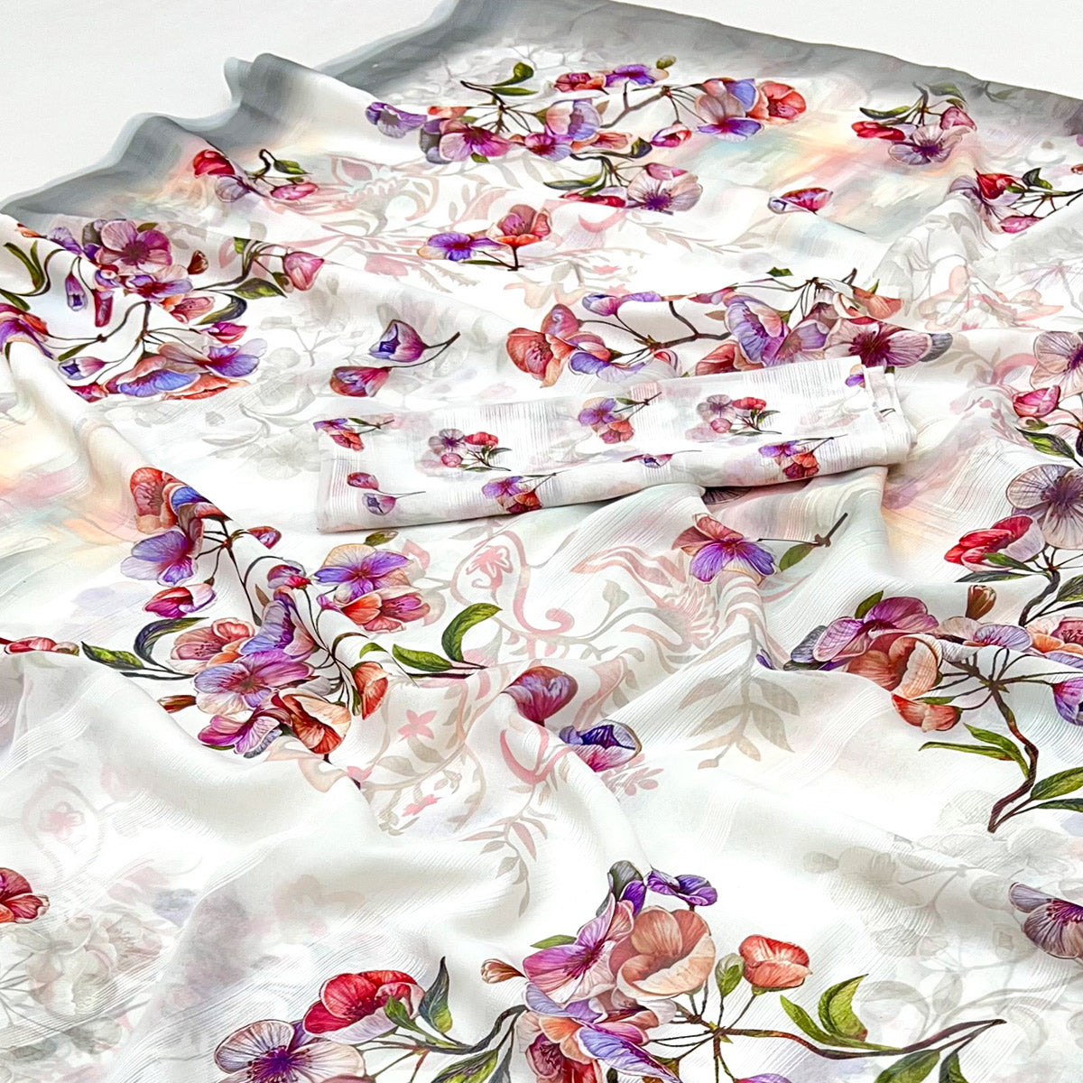 White Digital Floral Adorned with Artistic Prints Georgette Elegant Drape