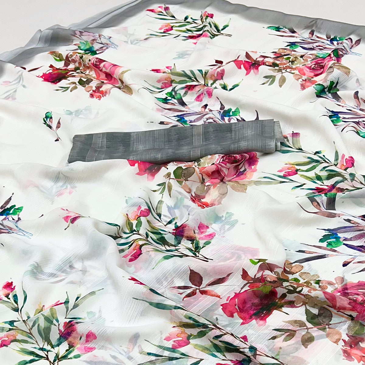 White Digital Floral Adorned with Artistic Prints Georgette Elegant Drape