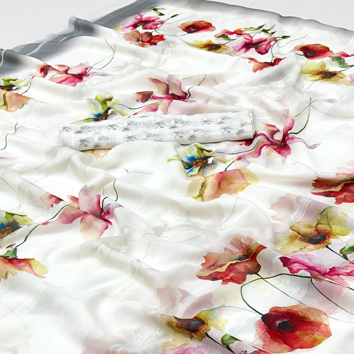 White Digital Floral Adorned with Artistic Prints Georgette Elegant Drape