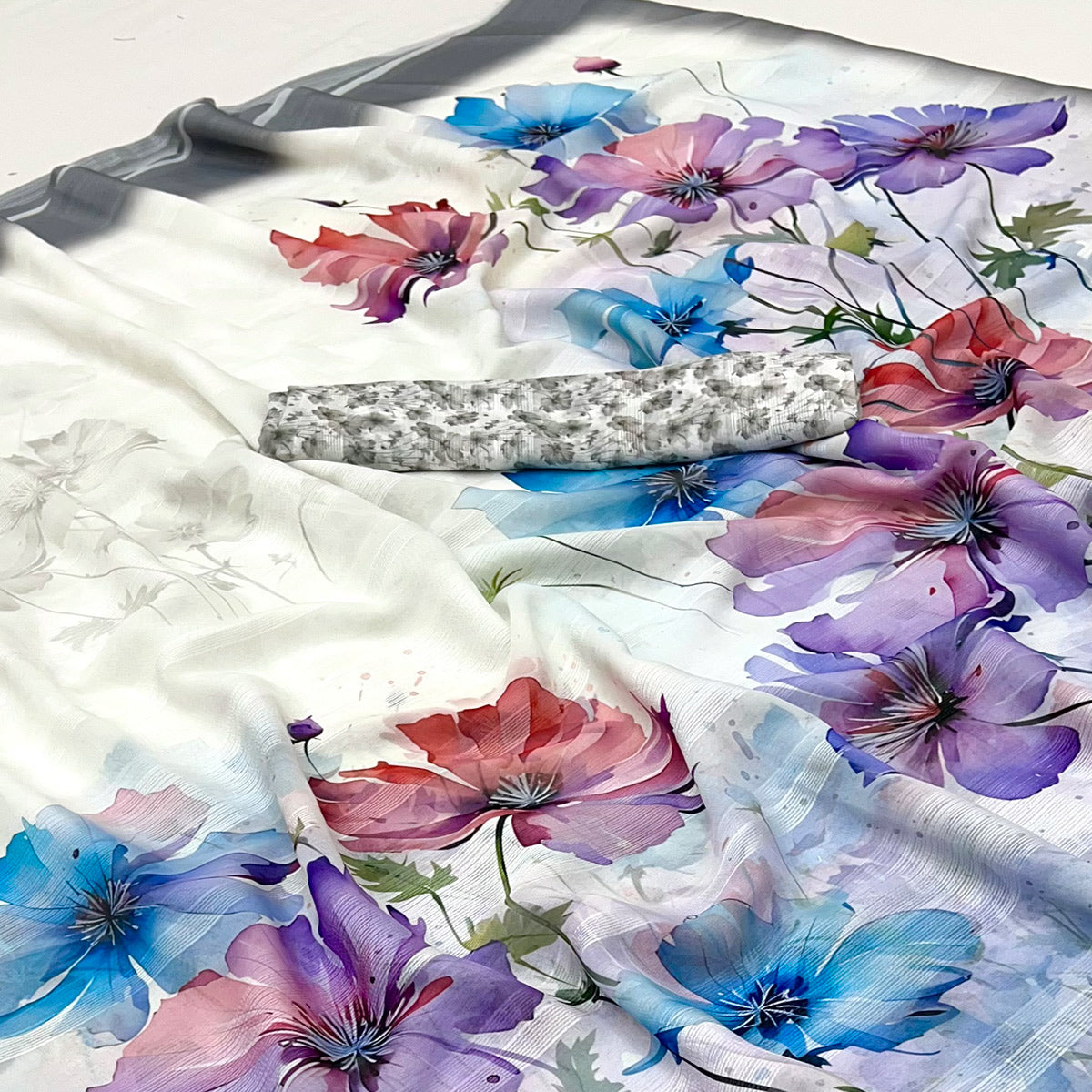 White Digital Floral Adorned with Artistic Prints Georgette Elegant Drape