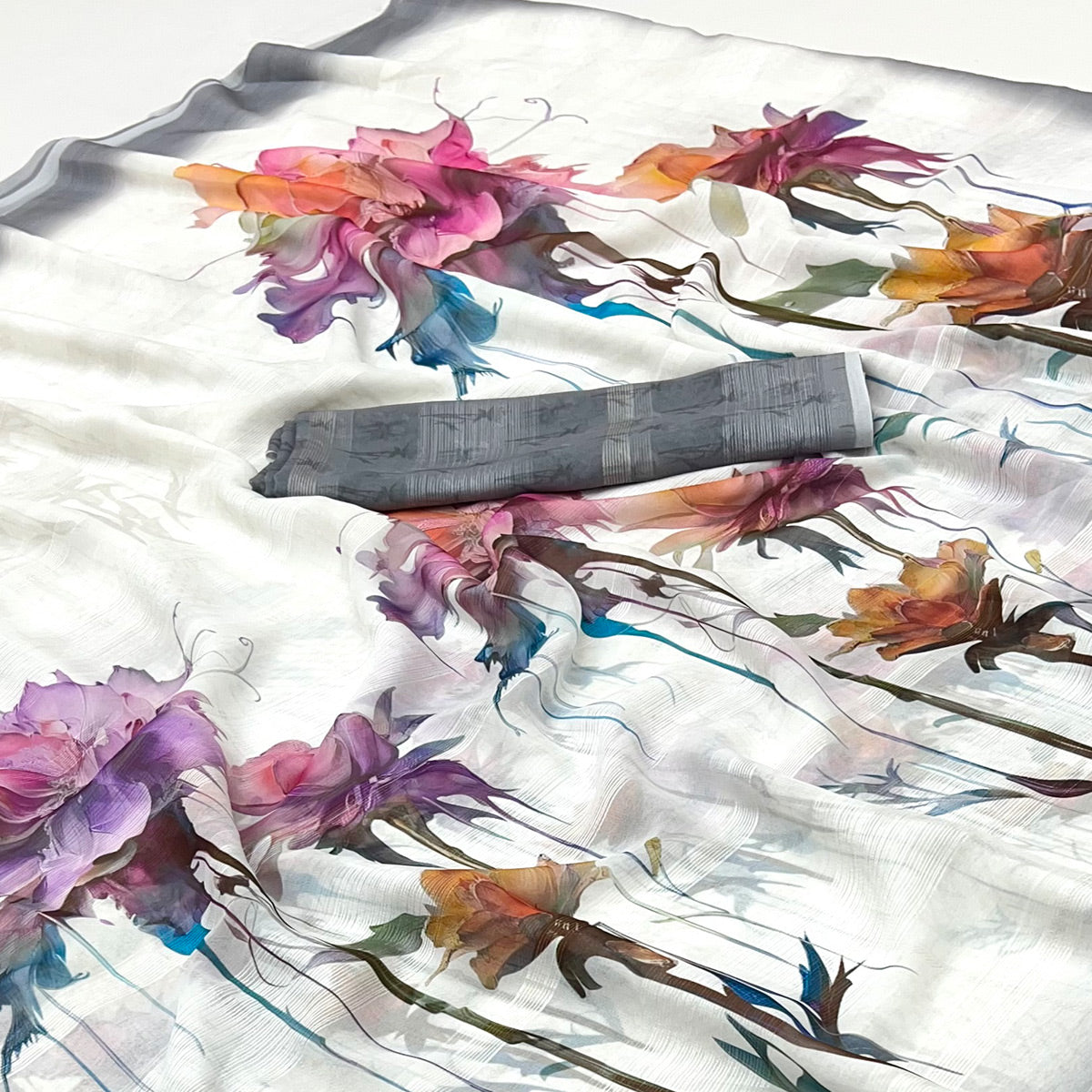 White Digital Floral Adorned with Artistic Prints Georgette Elegant Drape