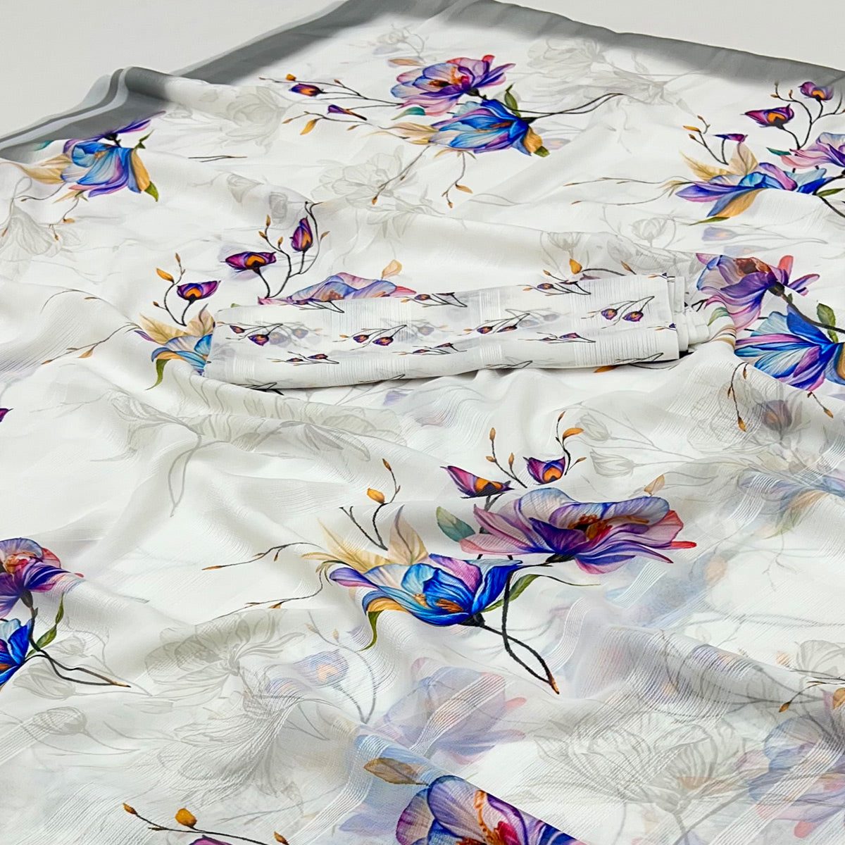 White Digital Floral Adorned with Artistic Prints Georgette Elegant Drape