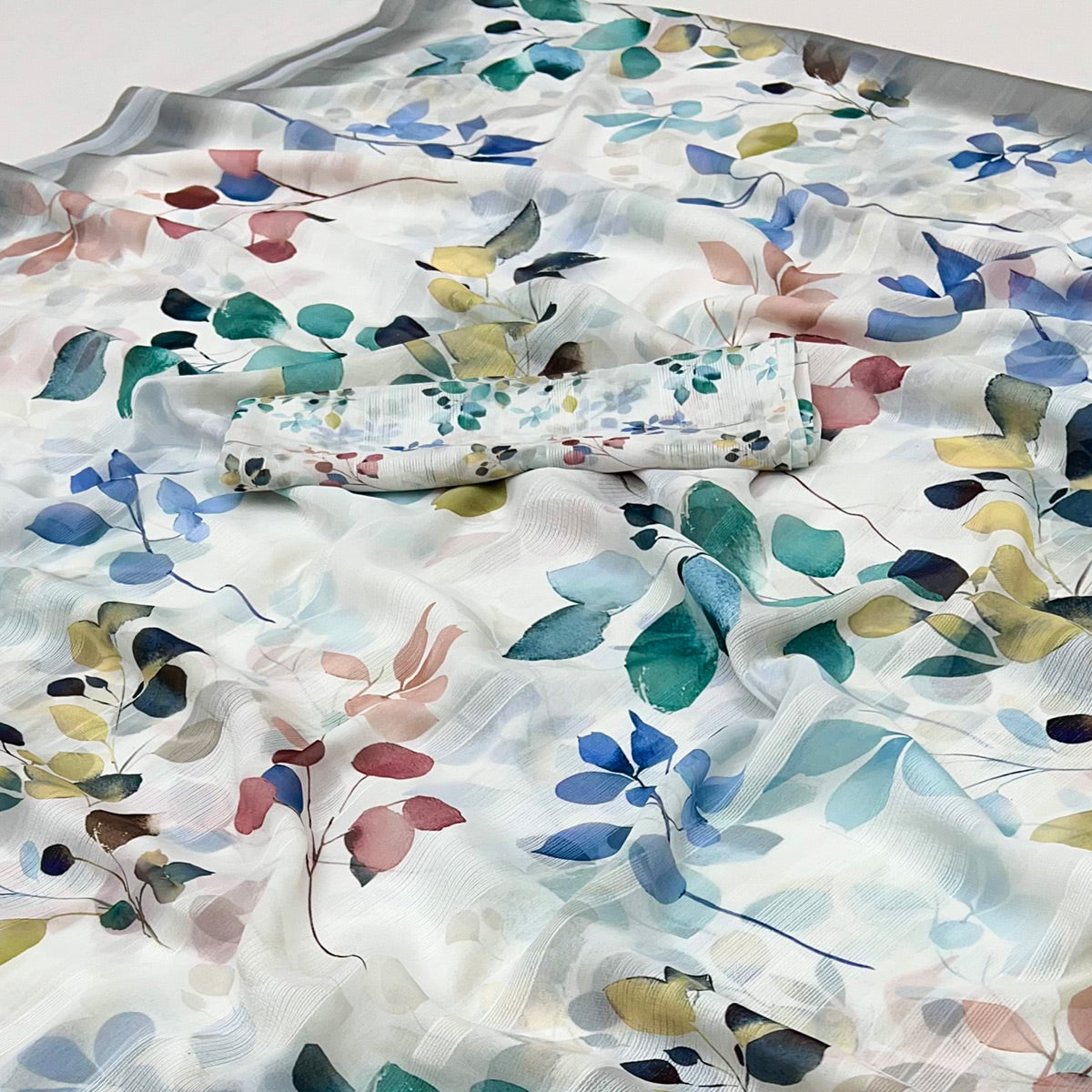 White Digital Floral Adorned with Artistic Prints Georgette Elegant Drape