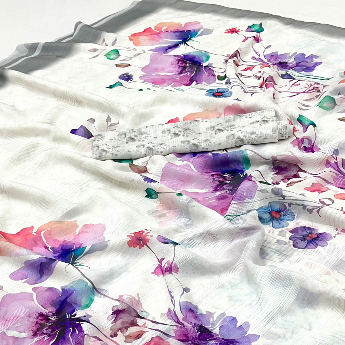 White Digital Floral Adorned with Artistic Prints Georgette Elegant Drape