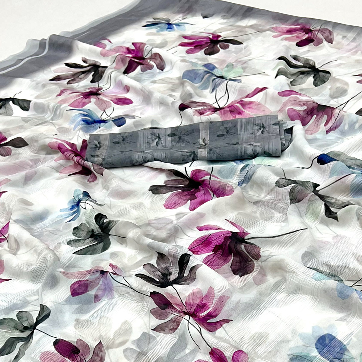 White Digital Floral Adorned with Artistic Prints Georgette Elegant Drape