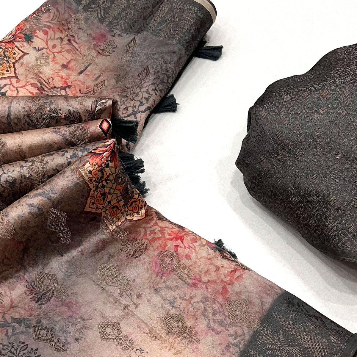 Beige Digital Floral Patterned Cotton Silken Drape