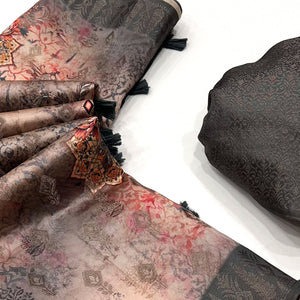 Beige Digital Floral Patterned Cotton Silken Drape