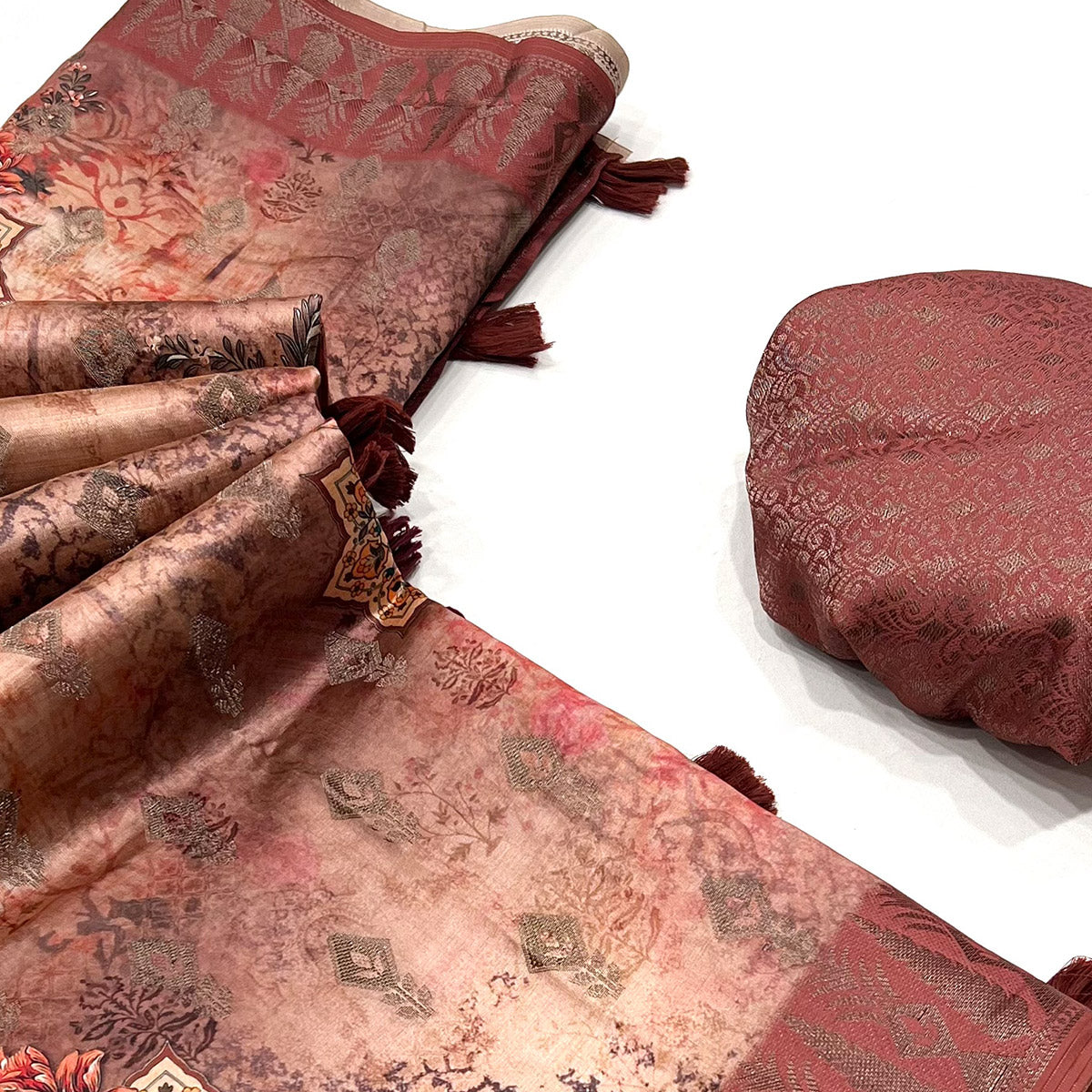 Brown Digital Floral Patterned Cotton Silken Drape