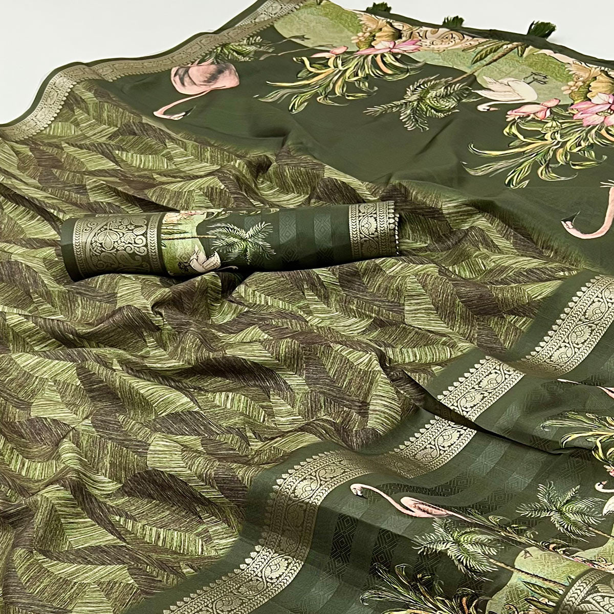 Green Digital Patterned Smooth Cotton Silken Drape Featuring Zari Border