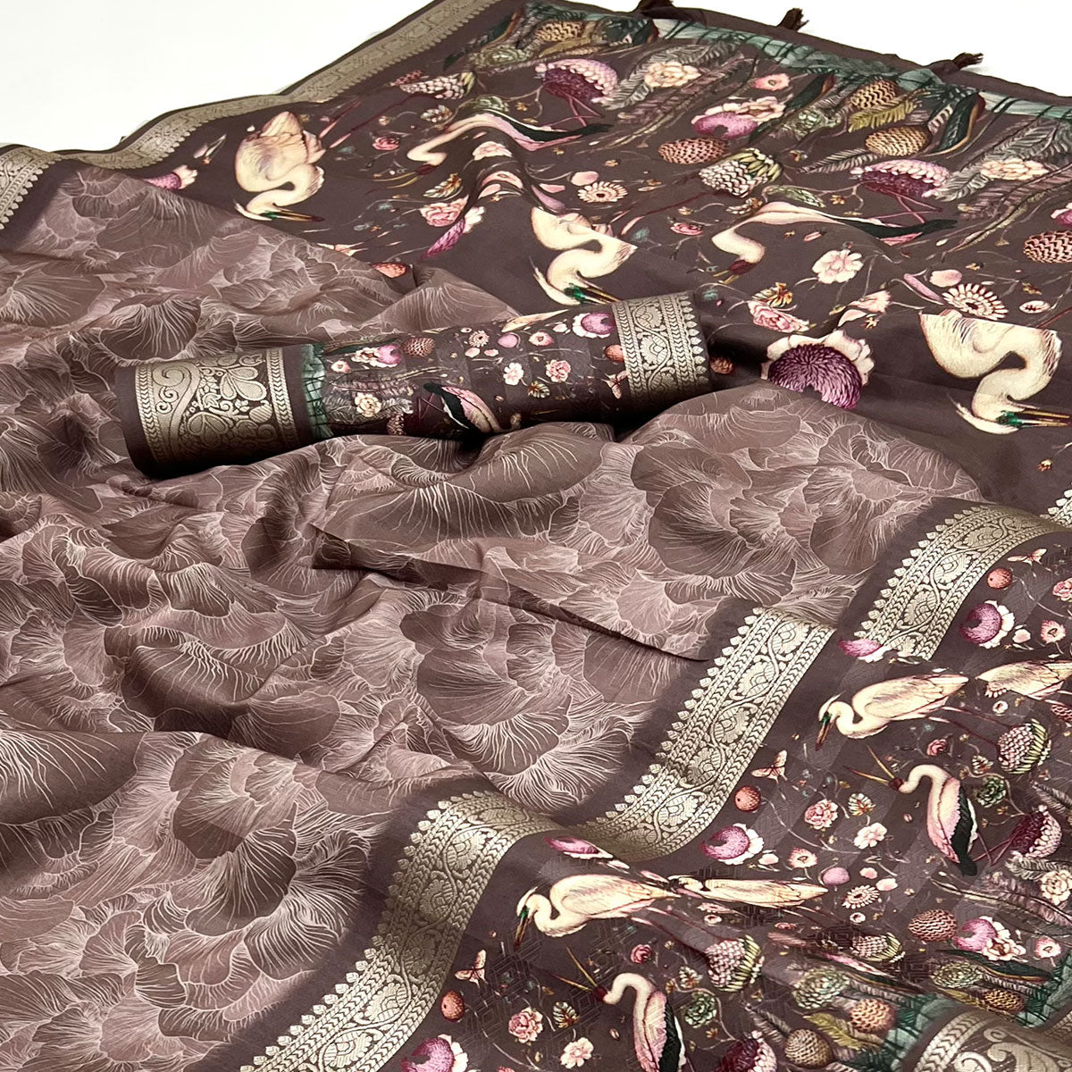 Brown Digital Patterned Smooth Cotton Silken Drape Featuring Zari Border