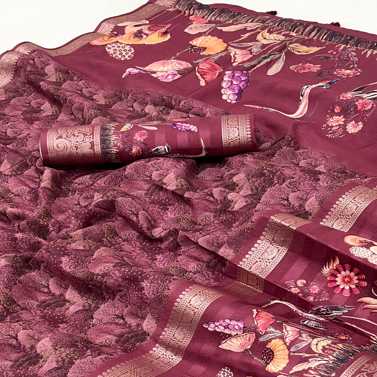 Maroon Digital Patterned Smooth Cotton Silken Drape Featuring Zari Border