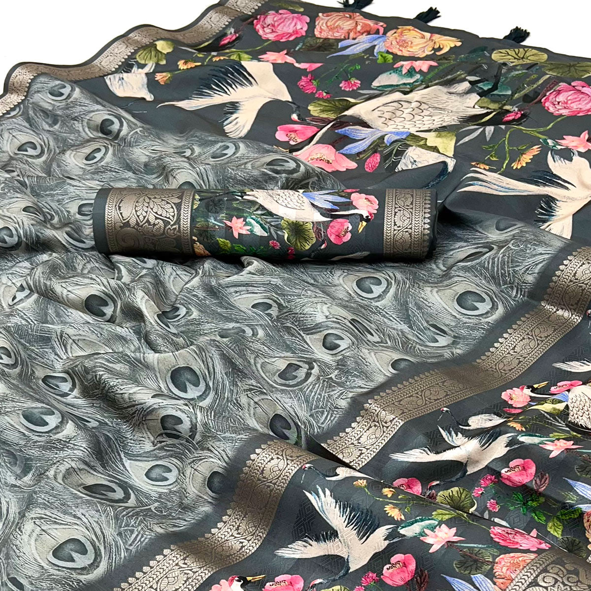 Grey Digital Patterned Smooth Cotton Silken Drape Featuring Zari Border