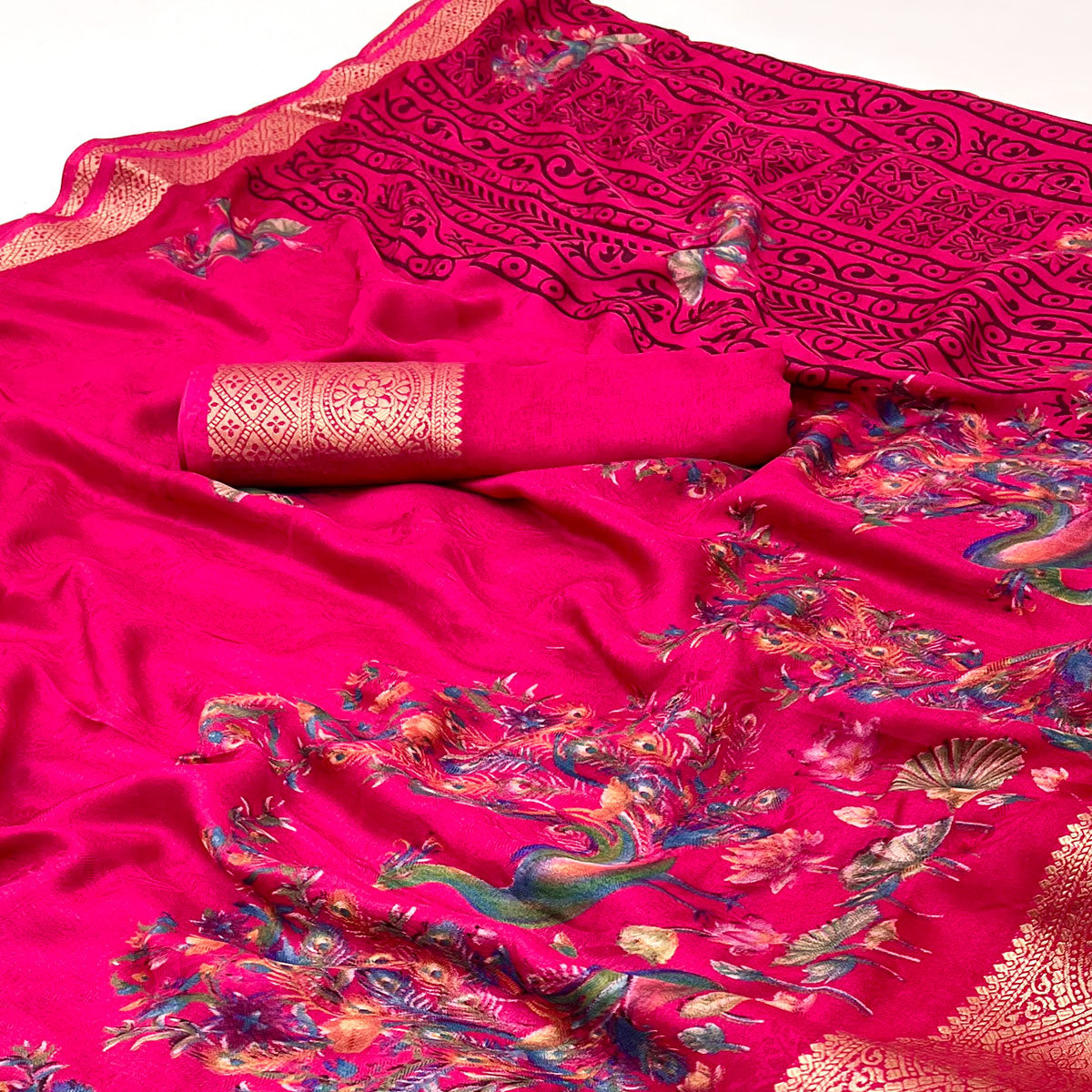 Pink Peacock Patterned Smooth Georgette Drape Featuring Zari Border