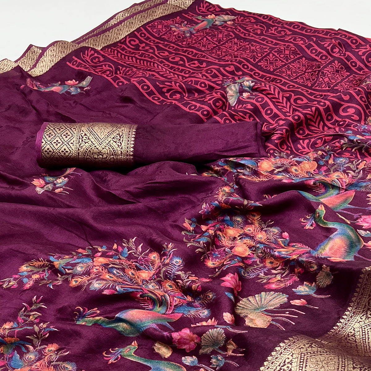 Plum Purple Peacock Patterned Smooth Georgette Drape Featuring Zari Border