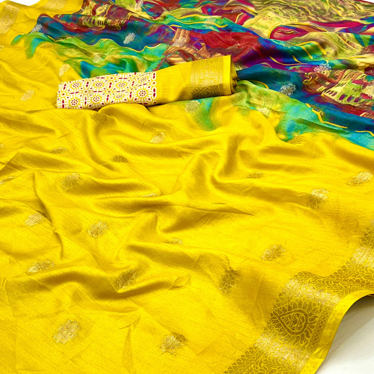 Soft Dola Silk Saree in Yellow Glows with Intricate Floral Butti Weaving