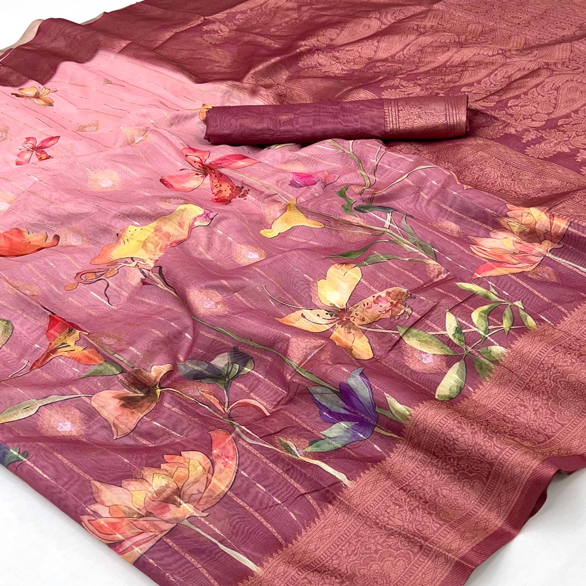 Classic Wine Floral Weaving & Digital Print Silk Blend Saree Accented With Tassel Pallu