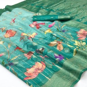 Classic Rama Green Floral Weaving & Digital Print Silk Blend Saree Accented With Tassel Pallu