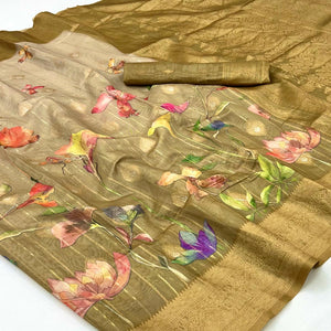 Classic Chikoo Floral Weaving & Digital Print Silk Blend Saree Accented With Tassel Pallu