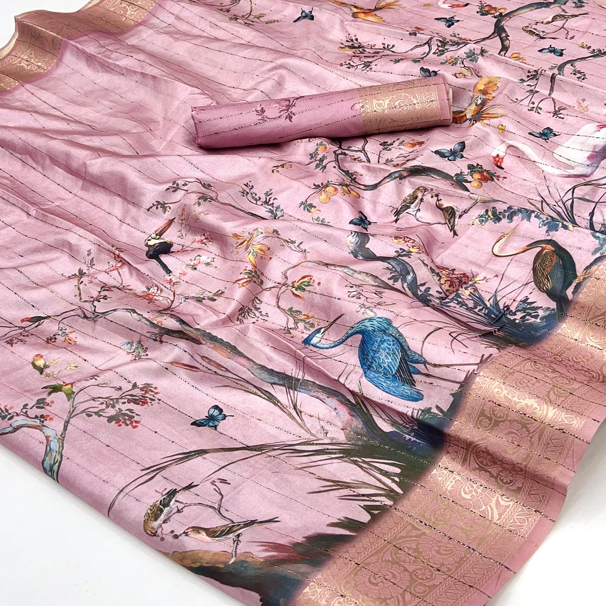 Majestic Pink Silk Blend Saree With Weaving Accents & Floral-Bird Digital Print Elegance
