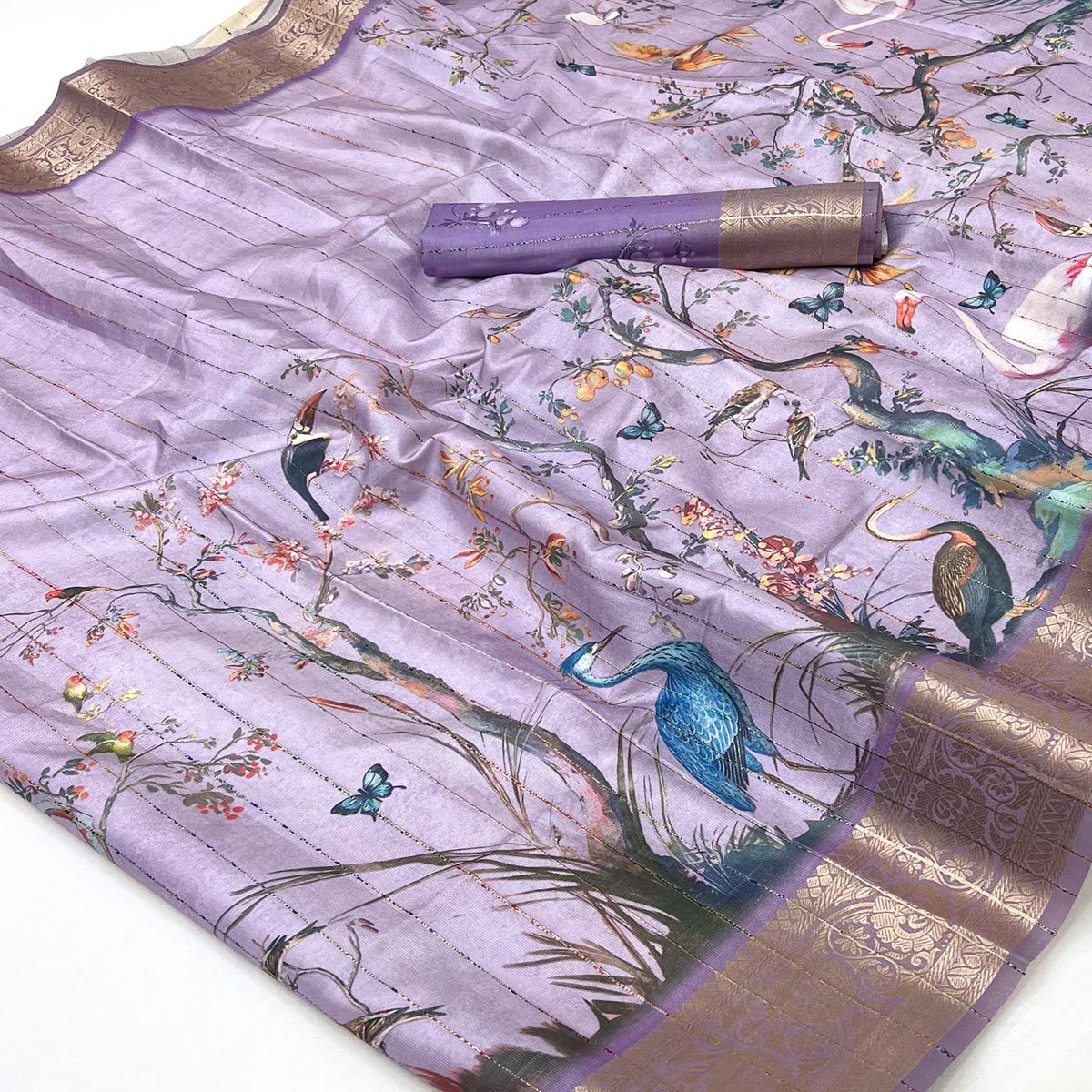 Majestic Lavender Silk Blend Saree With Weaving Accents & Floral-Bird Digital Print Elegance
