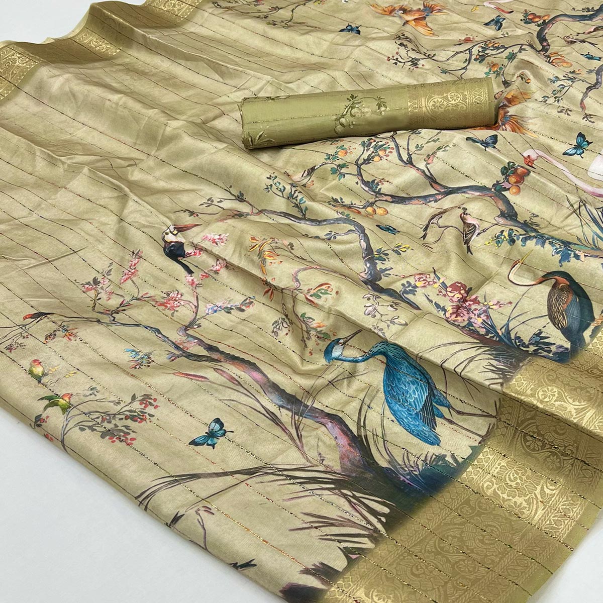 Majestic Chikoo Silk Blend Saree With Weaving Accents & Floral-Bird Digital Print Elegance