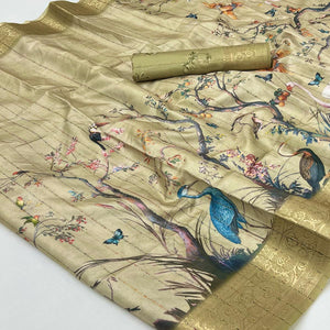 Majestic Chikoo Silk Blend Saree With Weaving Accents & Floral-Bird Digital Print Elegance