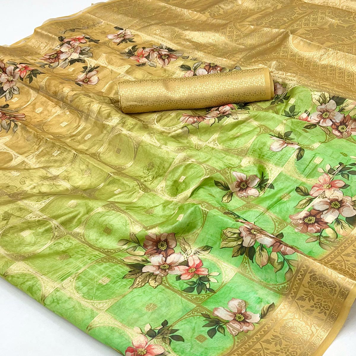 Charming Chikoo & Green Floral Zari Weaving Silk Blend Saree With Digital Printed