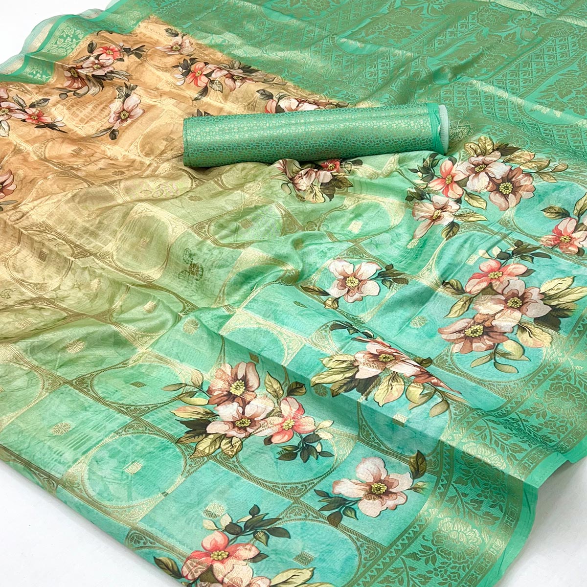Charming Turquoise & Cream Floral Zari Weaving Silk Blend Saree With Digital Printed