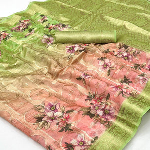 Charming Green & Pink Floral Zari Weaving Silk Blend Saree With Digital Printed
