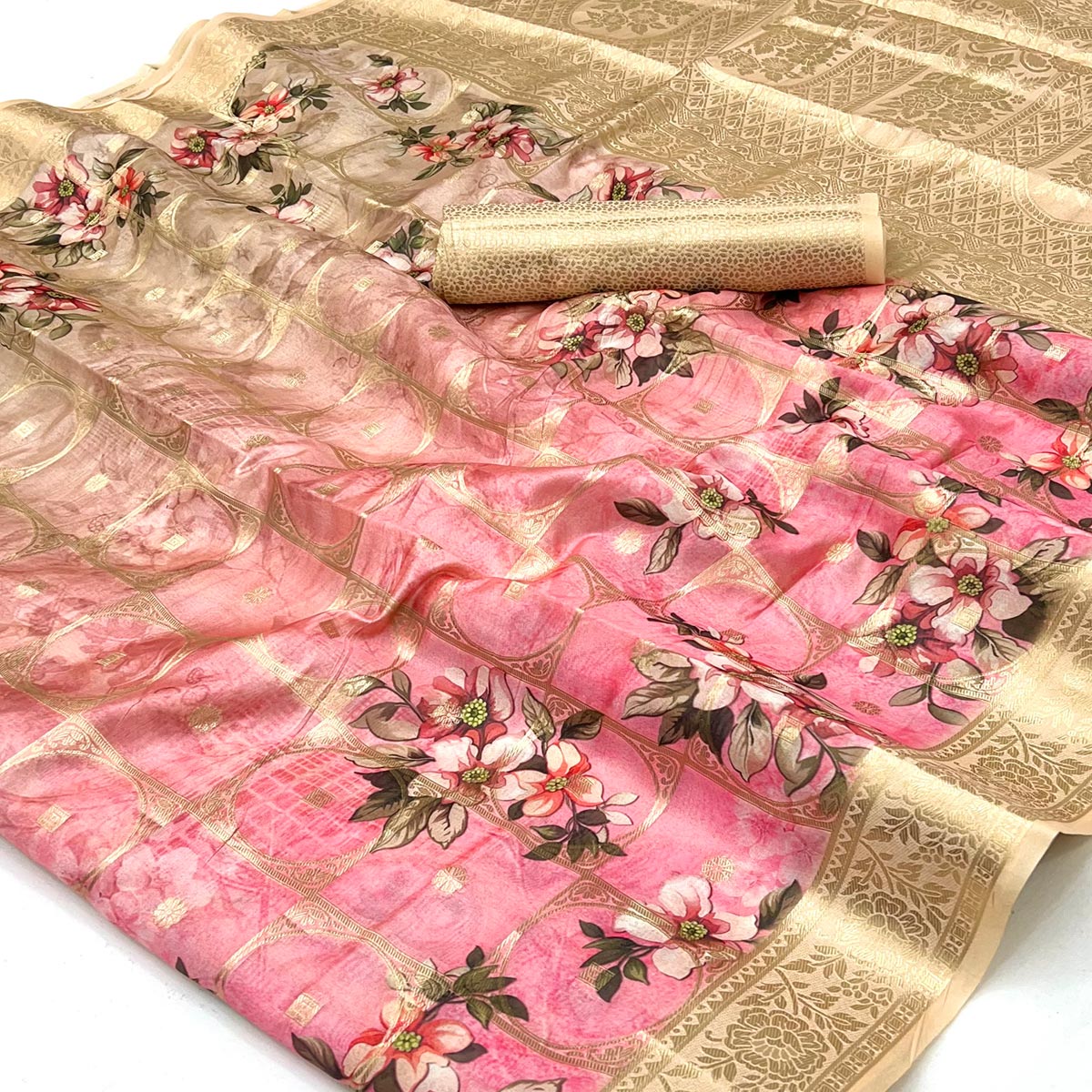 Charming Light Peach & Pink Floral Zari Weaving Silk Blend Saree With Digital Printed