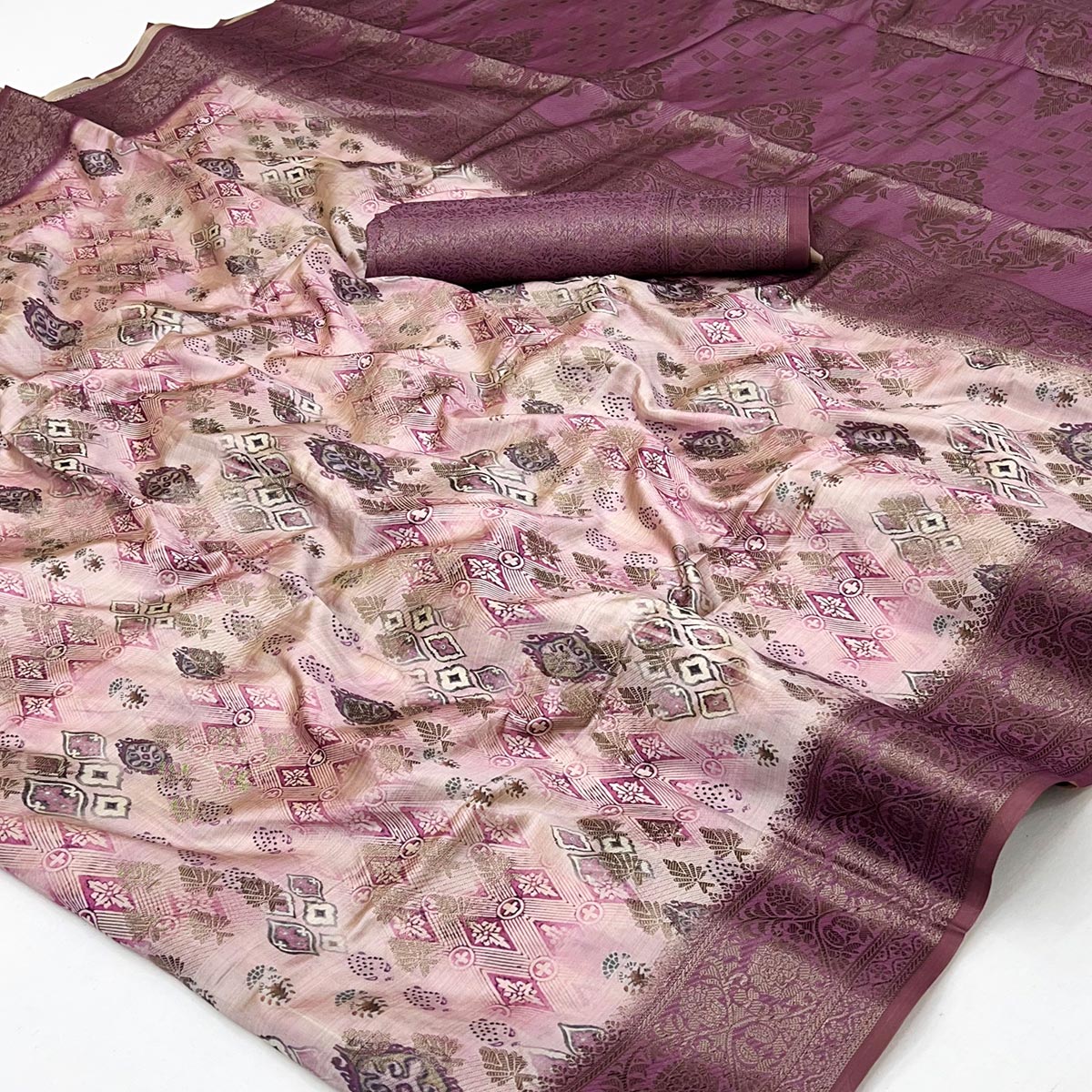 Stylish Wine Silk Blend Saree Featuring Floral Zari Weaving & Digital Print