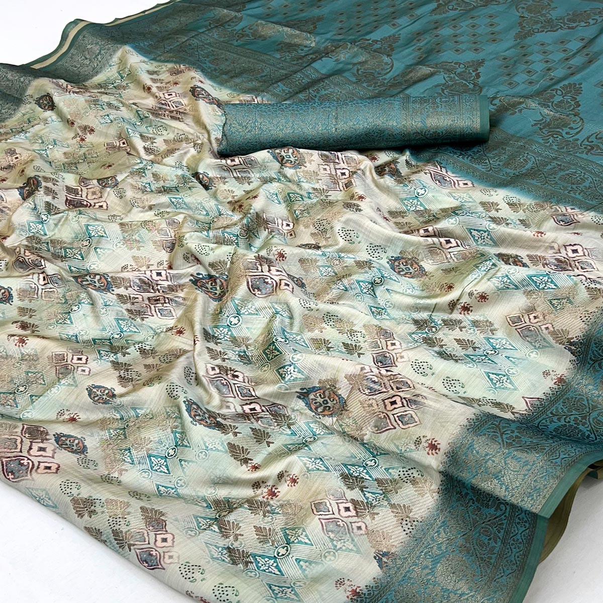 Stylish Teal Silk Blend Saree Featuring Floral Zari Weaving & Digital Print