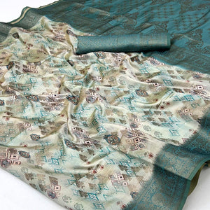Stylish Teal Silk Blend Saree Featuring Floral Zari Weaving & Digital Print