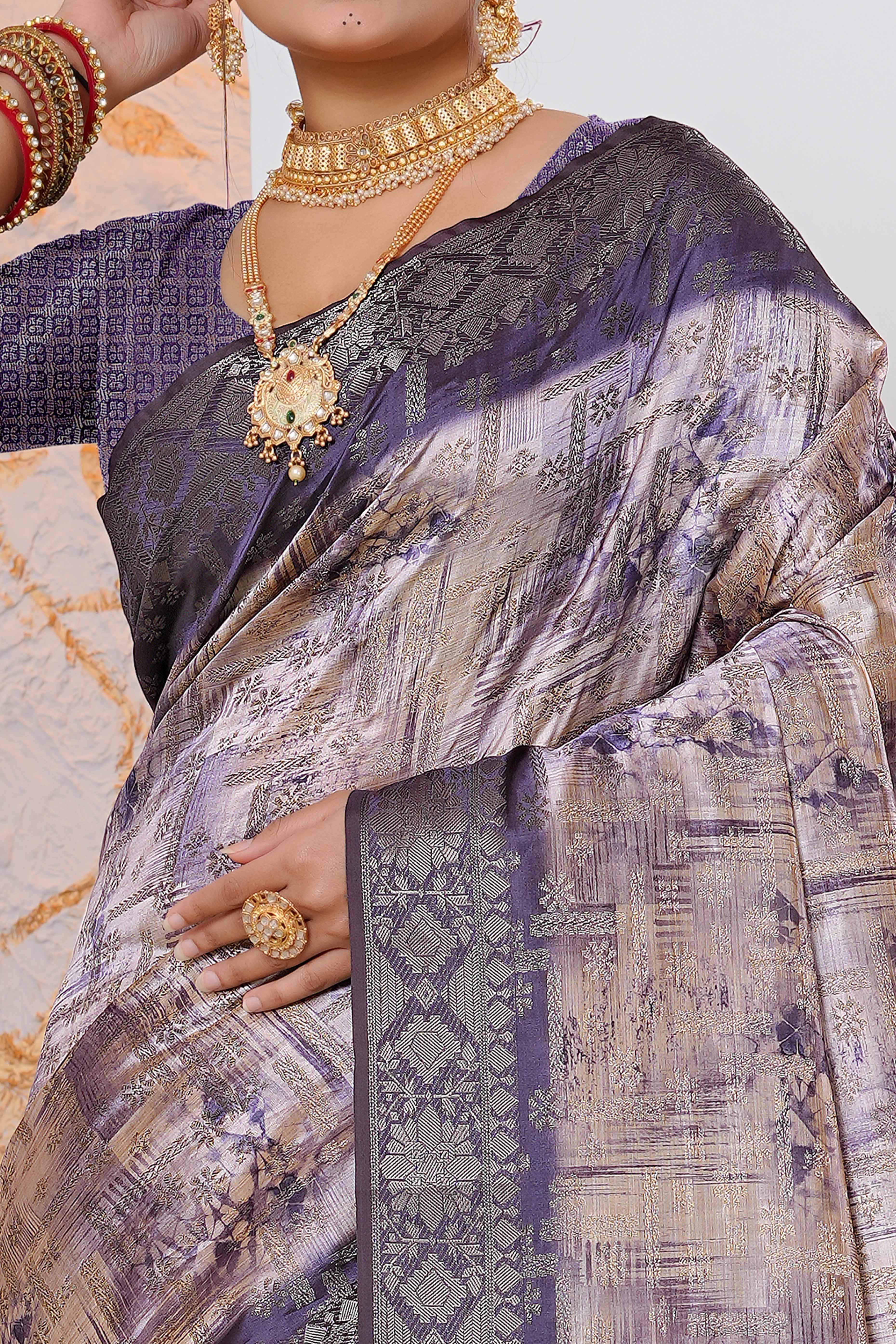 Premium Lavender Woven & Digitally Printed Silk Saree with Stylish Tassel Pallu