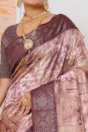 Premium Peach Woven & Digitally Printed Silk Saree with Stylish Tassel Pallu