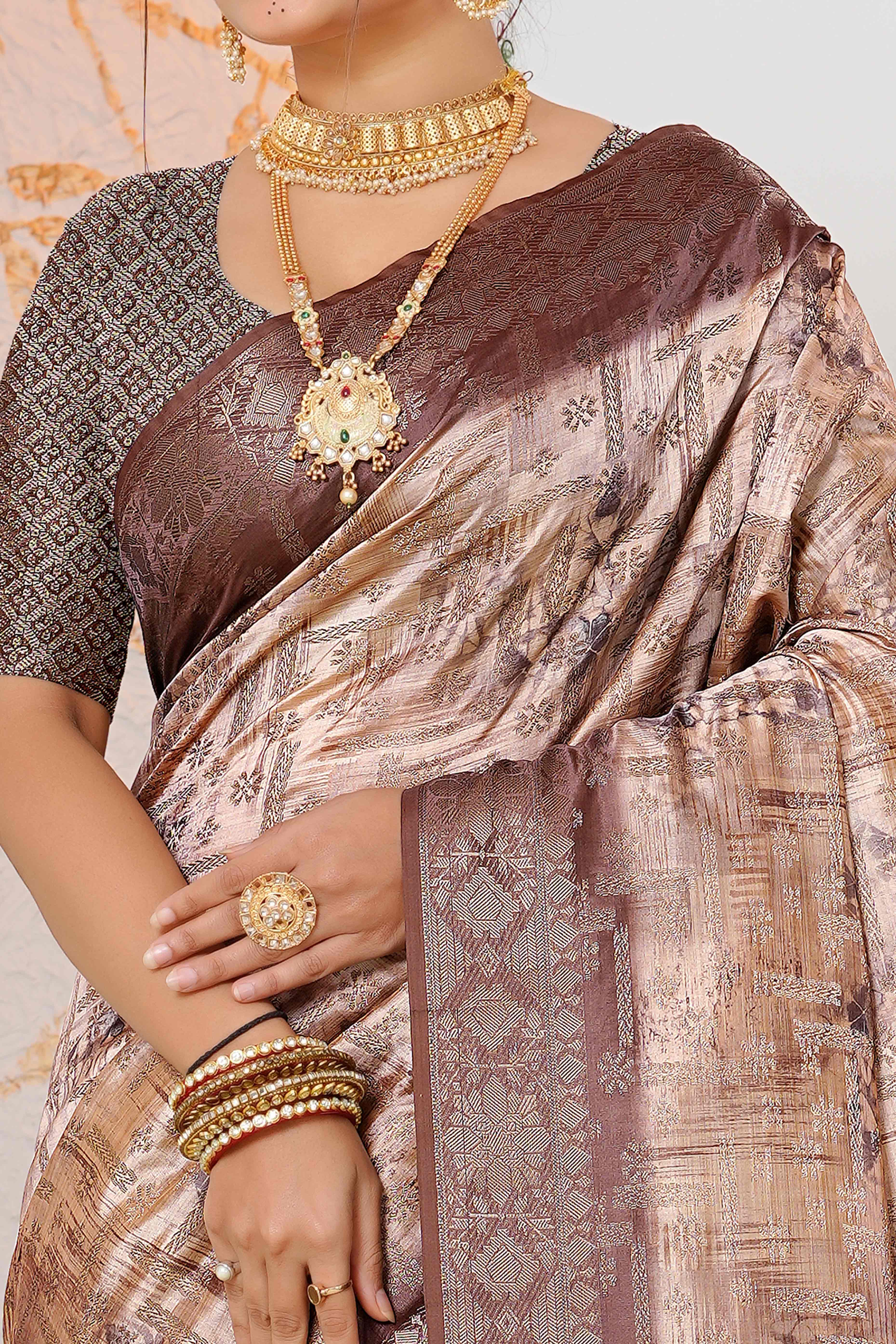 Premium Brown Woven & Digitally Printed Silk Saree with Stylish Tassel Pallu