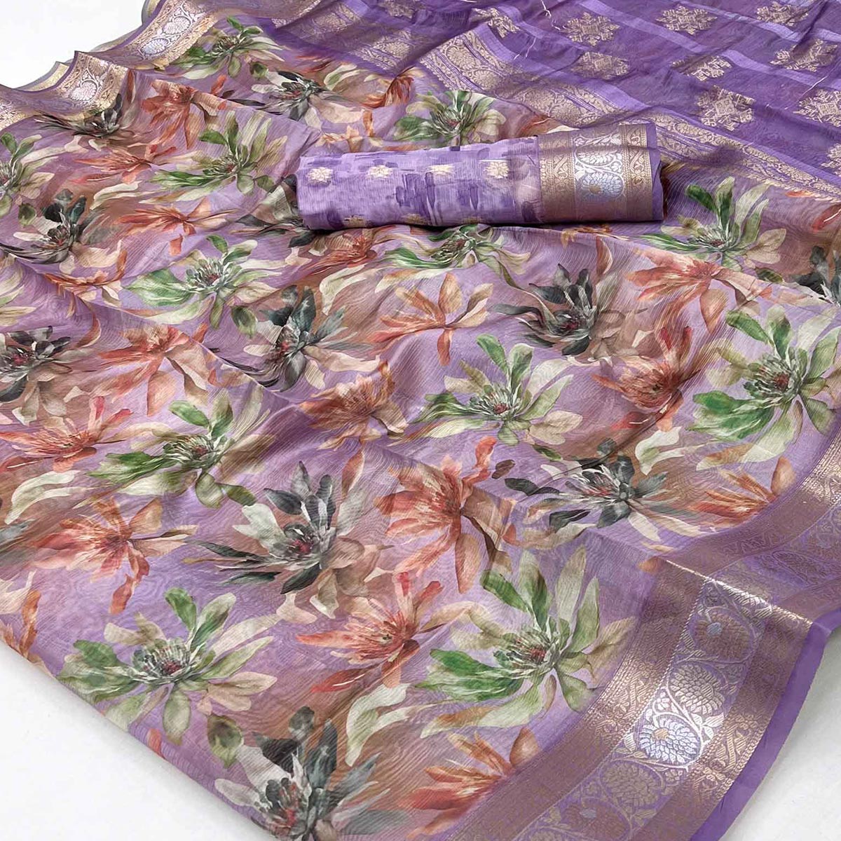 Graceful Lavender Floral Zari Woven Silk Blend Saree With Digital Prints