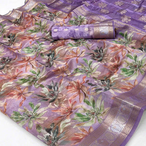 Graceful Lavender Floral Zari Woven Silk Blend Saree With Digital Prints