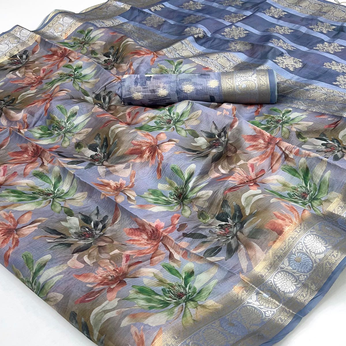 Graceful Greyish Blue Floral Zari Woven Silk Blend Saree With Digital Prints