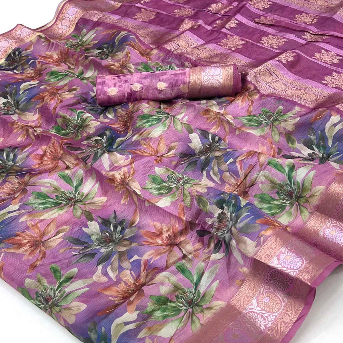 Graceful Purple Floral Zari Woven Silk Blend Saree With Digital Prints