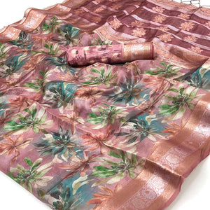 Graceful Peach Floral Zari Woven Silk Blend Saree With Digital Prints